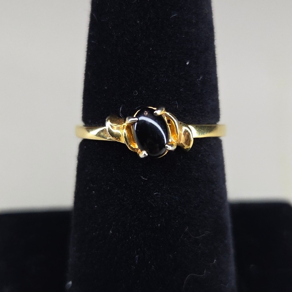 Gold Tone Oval Black Cabochon Statement Ring Size 7.5 Minimalist Jewelry